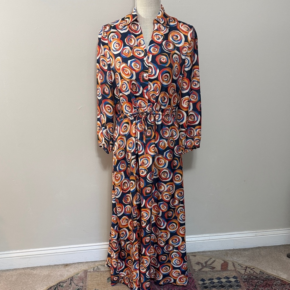 J Mclaughlin Button-Front Navy Swirl Print‎ Maxi Dress with Tie Waist